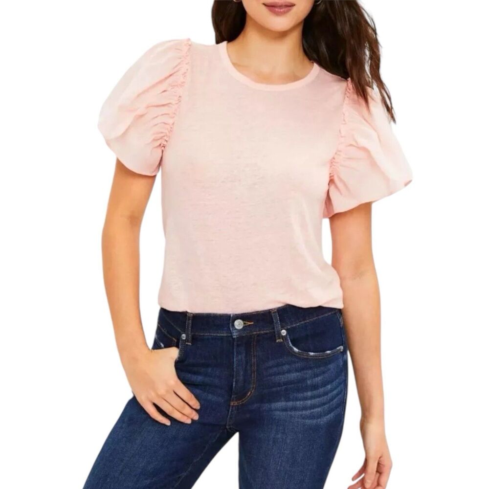 Loft Linen Light Pink Short Ruffle Puff Sleeve Round Neck Top Size XS Petite